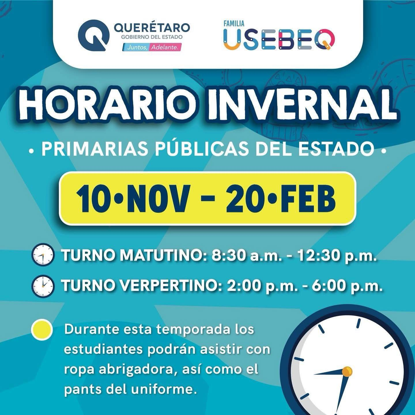 En el regreso a clases continúa horario invernal en primarias públicas en el estado de Querétaro hasta el 20 de febrero
